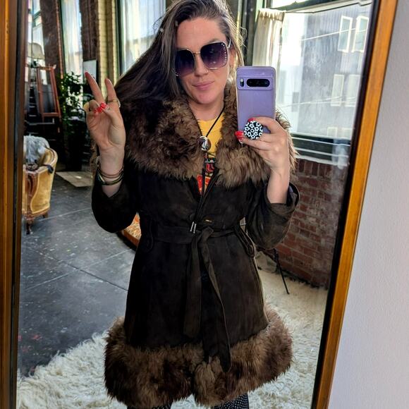 Vintage Brown Suede Fur Trim Penny Lane Jacket Genuine Leather Trench Coat Small - Picture 9 of 11